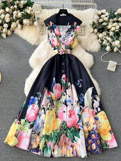 Floral High-Ended Print Sleeveless Dress For Women with Suit Collar and Belted Waist