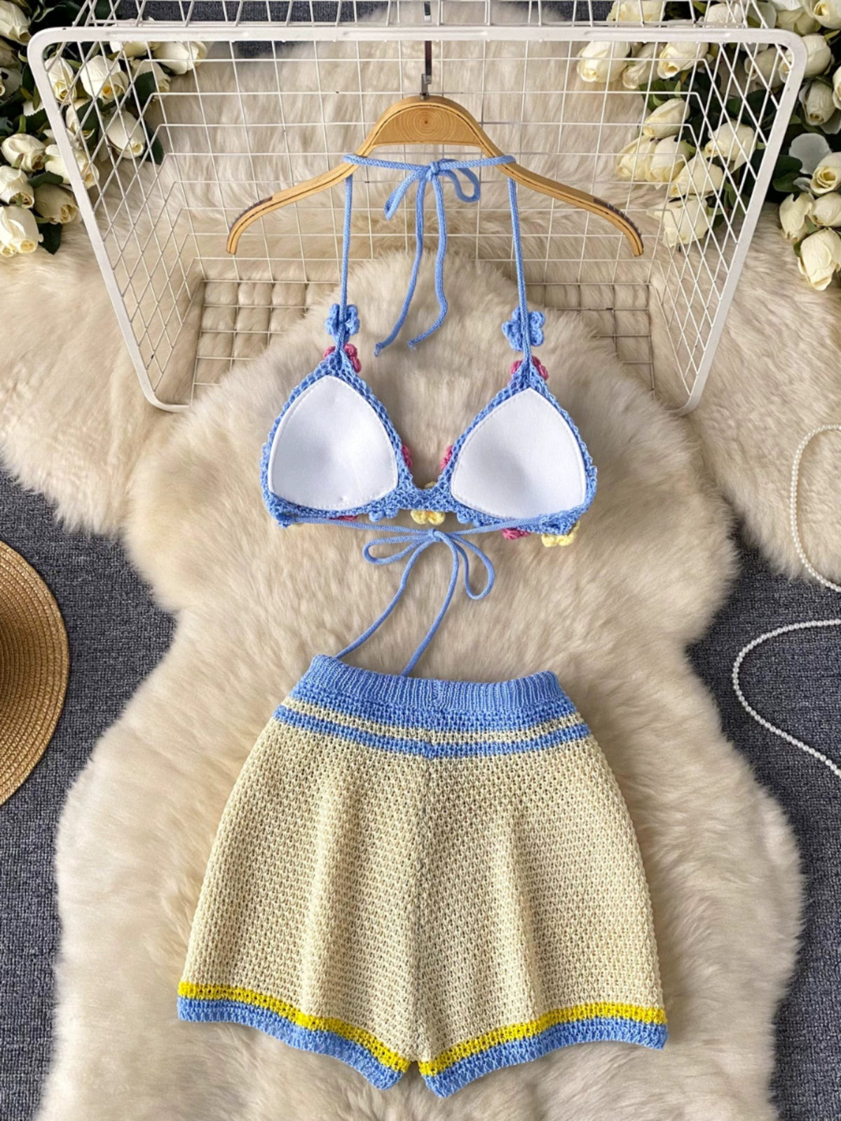 Seaside Style Pure Desire knitted Summer Suspender Bandeau Top & High-Waisted Wide-Leg Shorts Suit