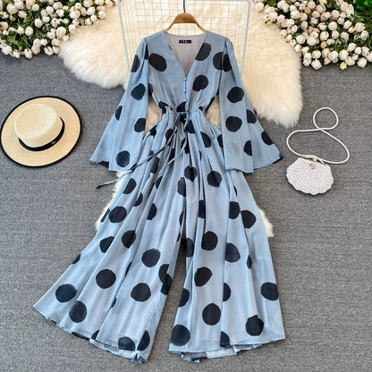 Polka dot print V-neck seaside vacation beach vibe Summer jumpsuit