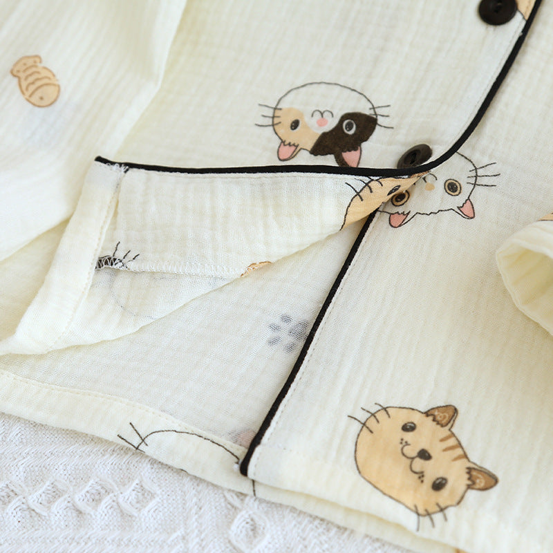 Cotton Yarn Loungewear Pajamas with Cartoon Print And Lapel Collar