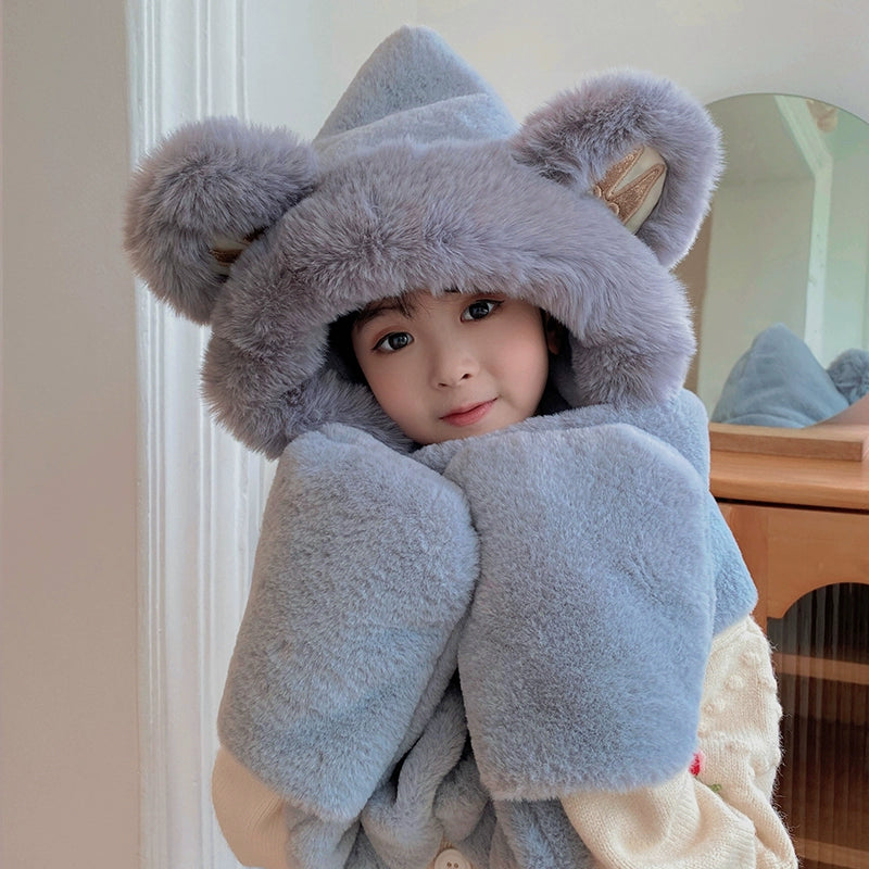 Cute Bear Hat Winter Plush Thickened Warm Hat Hooded Scarf Gloves All-In-One Set