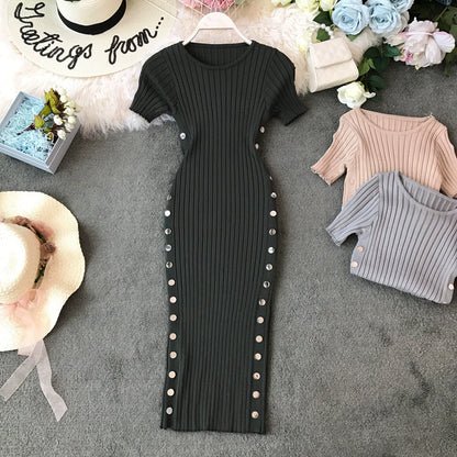 Women's Knitted Slim Fit Round Neck Short Sleeve Bodycon Dress