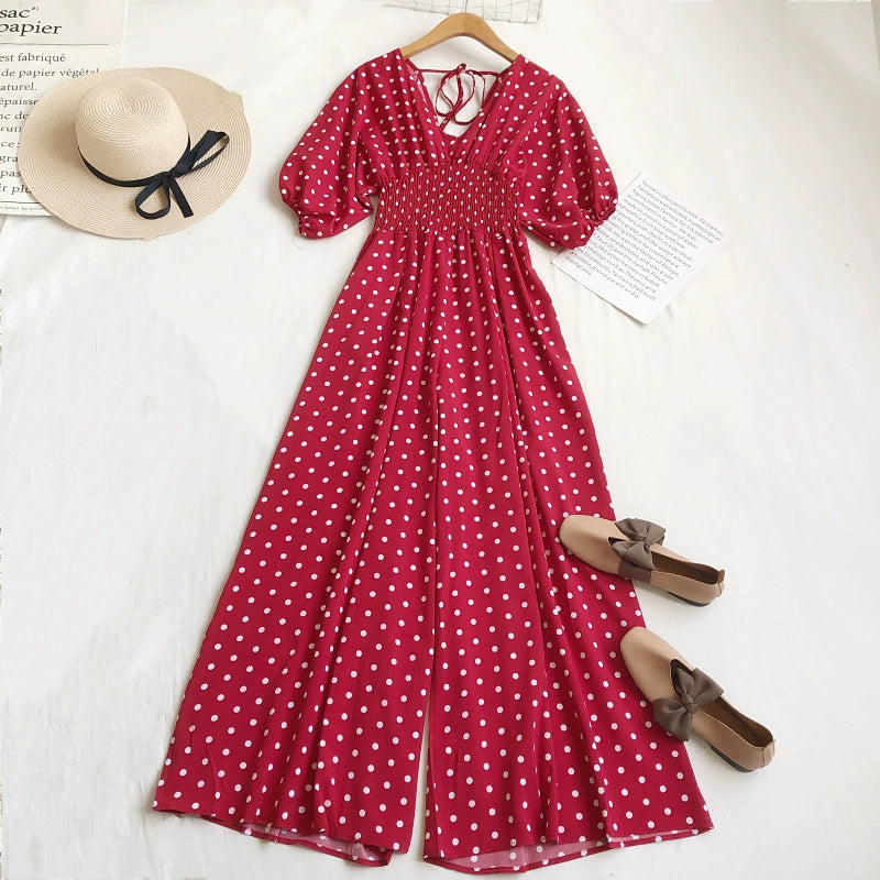 Summer V-neck polka-dot high-waist lace-up bubble short-sleeved jumpsuit