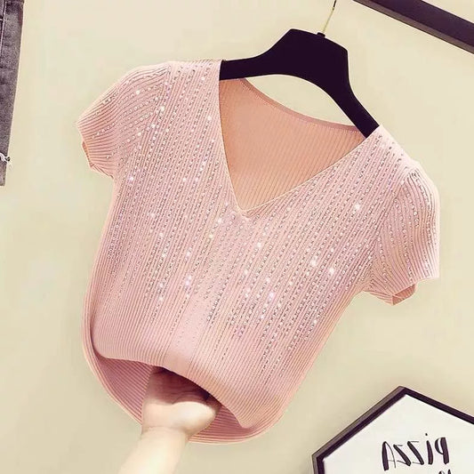 Summer Friendly ice silk short tops short-sleeved T diamond-studded tops