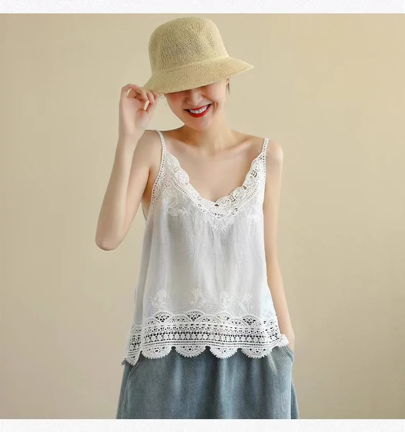 Cutout Lace Cotton Linen Camisole Women's Summer Undershirt Lace Top