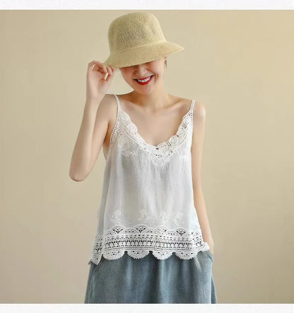 Cutout Lace Cotton Linen Camisole Women's Summer Undershirt Lace Top