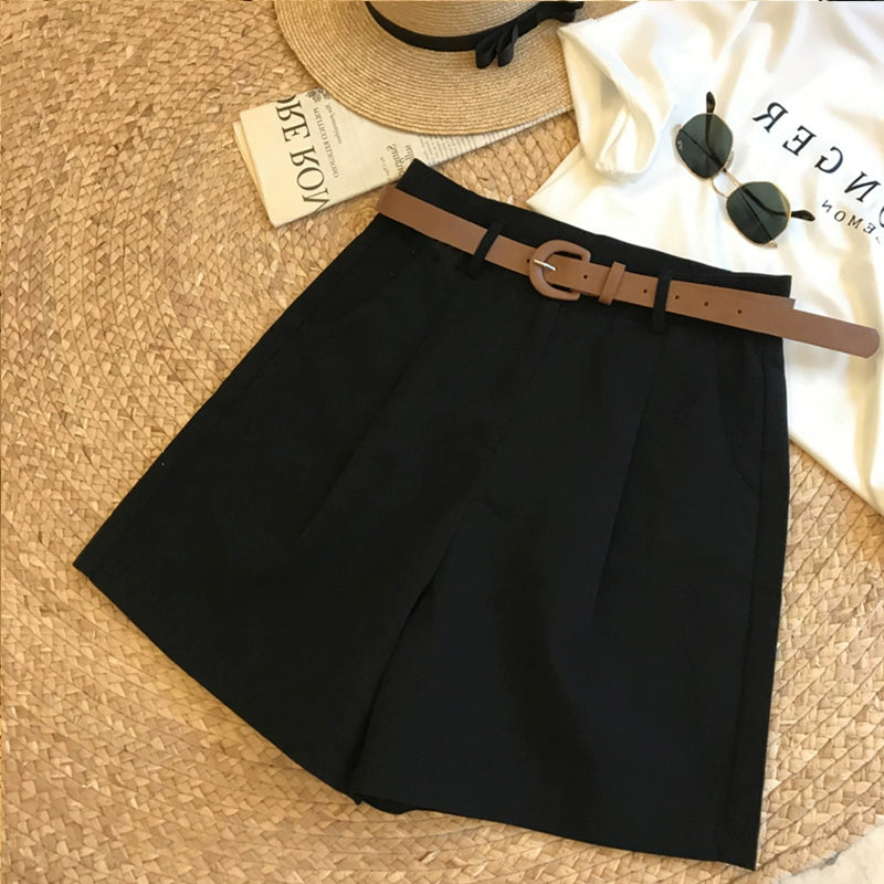 Japanese Retro Simple Solid Color High waist thin versatile wide-leg suit shorts