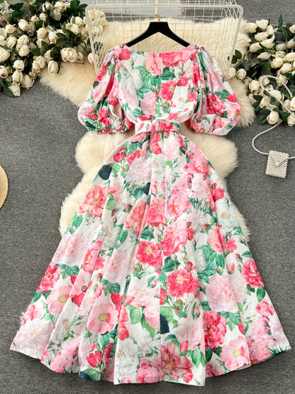 Floral Fountain of Youth Inspired French Court Dress with Puff Sleeves and Waist-Cinching Detail