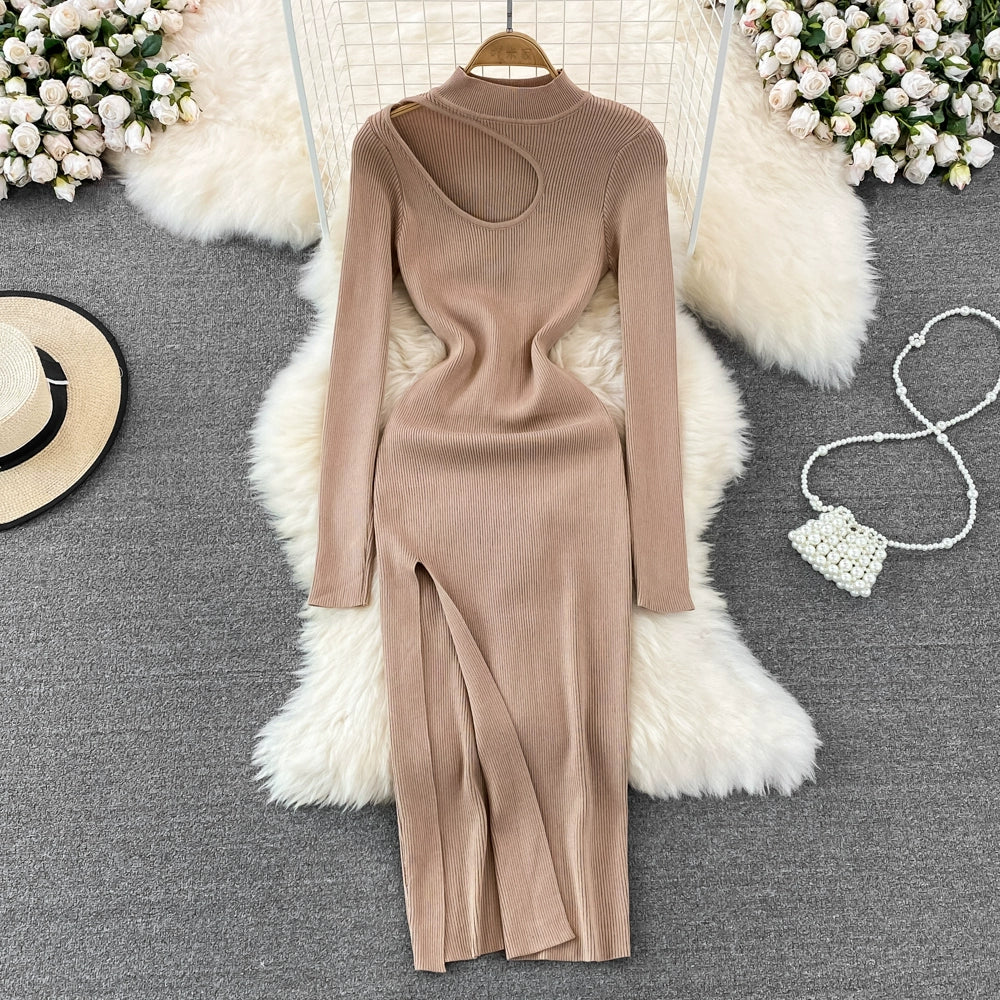 Women's Winter Slim Fit Knitted Bodycon Dress With Long-Sleeved Stand-Collar