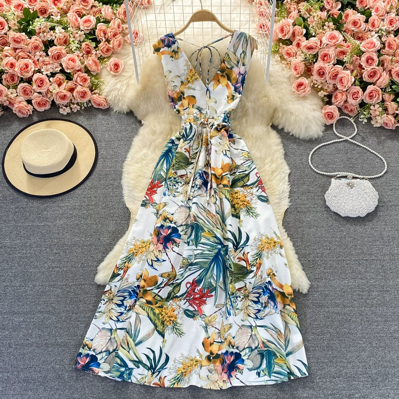 Exquisite Bohemian Backless V-Neck Print Dress with Slimming Long Skirt