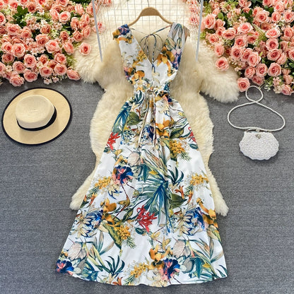 Exquisite Bohemian Backless V-Neck Print Dress with Slimming Long Skirt