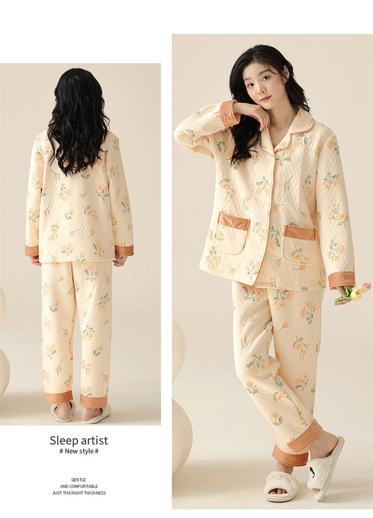 Elegant Comfort Plush Air Cotton Lapel Padded Loungewear Suit for Autumn & Winter