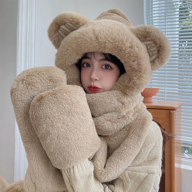 Cute Bear Hat Winter Plush Thickened Warm Hat Hooded Scarf Gloves All-In-One Set