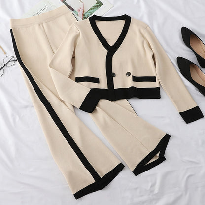 Female V-Neck Shirt & Foreign Air Wide Leg Pants Contrast knitted Two-Piece Set