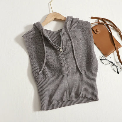 Korean version Zipper Hooded Sleeveless Vest knitwear Short Small Cardigan Top For Autumn And Winter