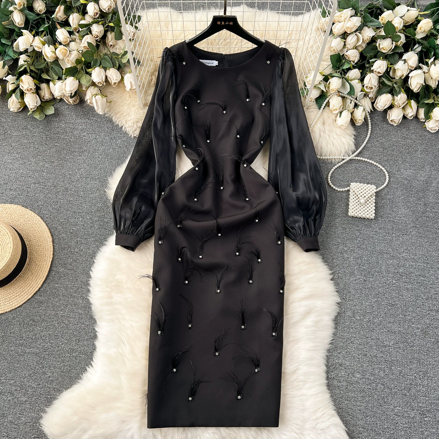 Opulent Elegance High-End Dress with Diamond-Studded Fur and Puff Sleeves