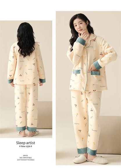 Elegant Comfort Plush Air Cotton Lapel Padded Loungewear Suit for Autumn & Winter