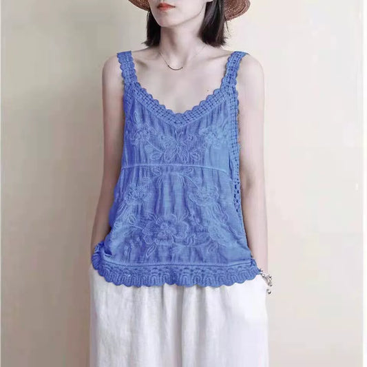 Ethnic style Summer Friendly hollow embroidery cotton and linen tops