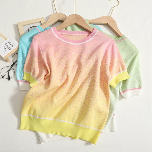 Versatile Colorful Gradient knitwear Round Neck Short Sleeve Summer Casual T-shirt Top For Summer