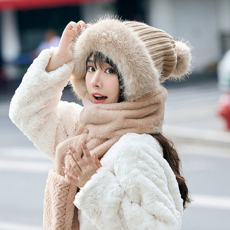 Winter Thickened And Warm Fleece Hat Style Scarf Gloves 3 In One Cold-Proof Plush Hat