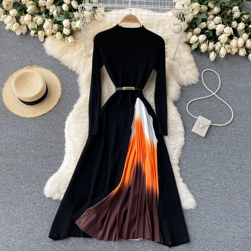 French Hepburn Style Elegant Knit Stitching Gradient Color Pleated Slim Waist Big Swing Dress