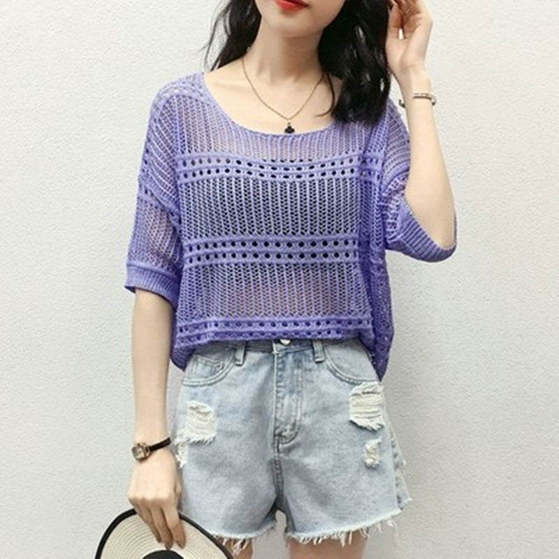 Summer Drop Soulder Cutout Knitwear Oversized Shirt Top