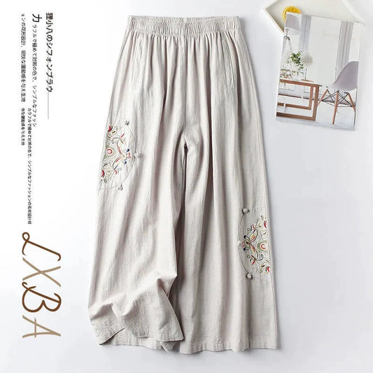 Summer Retro Style Embroidered cotton and linen slacks, women's pant