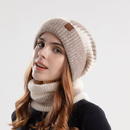 Winter Cross Border Two-Color Thickened Warm Ear Protector Plus Fleece Neck Two Piece Knitted Beanie Hat