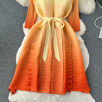 European-American Style Casual Gradient A-Line Tie Waist Pleated Dress For Women