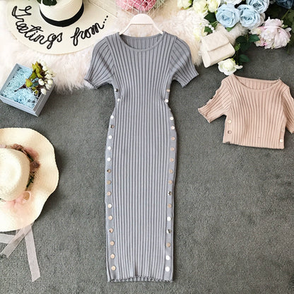 Women's Knitted Slim Fit Round Neck Short Sleeve Bodycon Dress