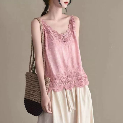 Cutout Lace Cotton Linen Camisole Women's Summer Undershirt Lace Top