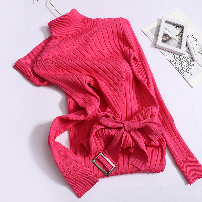 Autumn And Winter Korean Version High Neck Stretch Tight Waistband Knitted Hip Wrapping Dress