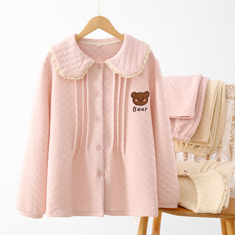 Sweet Comfort Cute Thickened Air Cotton Warm Linch Solid Color Long Sleeve Loungewear for Winter