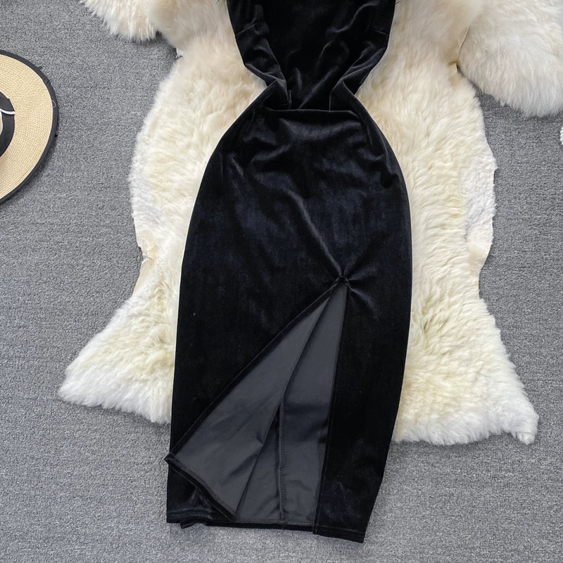 Luxury Velvet Slit Slim Waist Black Suspender Bodycon Dress