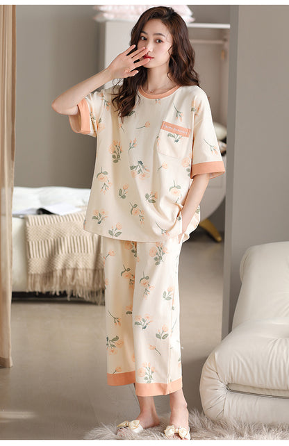 Ladies Summer Cotton Short-Sleeved Cropped Pants Casual Half-Sleeved Sleepwear Set