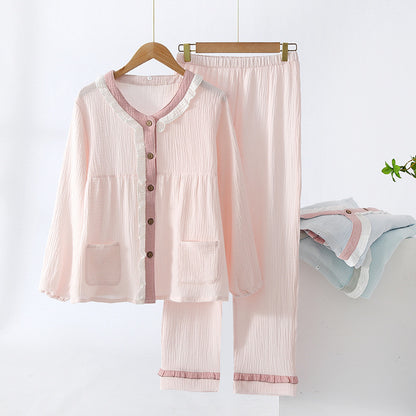 Summer Serenity Lace Cotton Crepe Double Gauze Thin Long Sleeve Loungewear Suit For Women