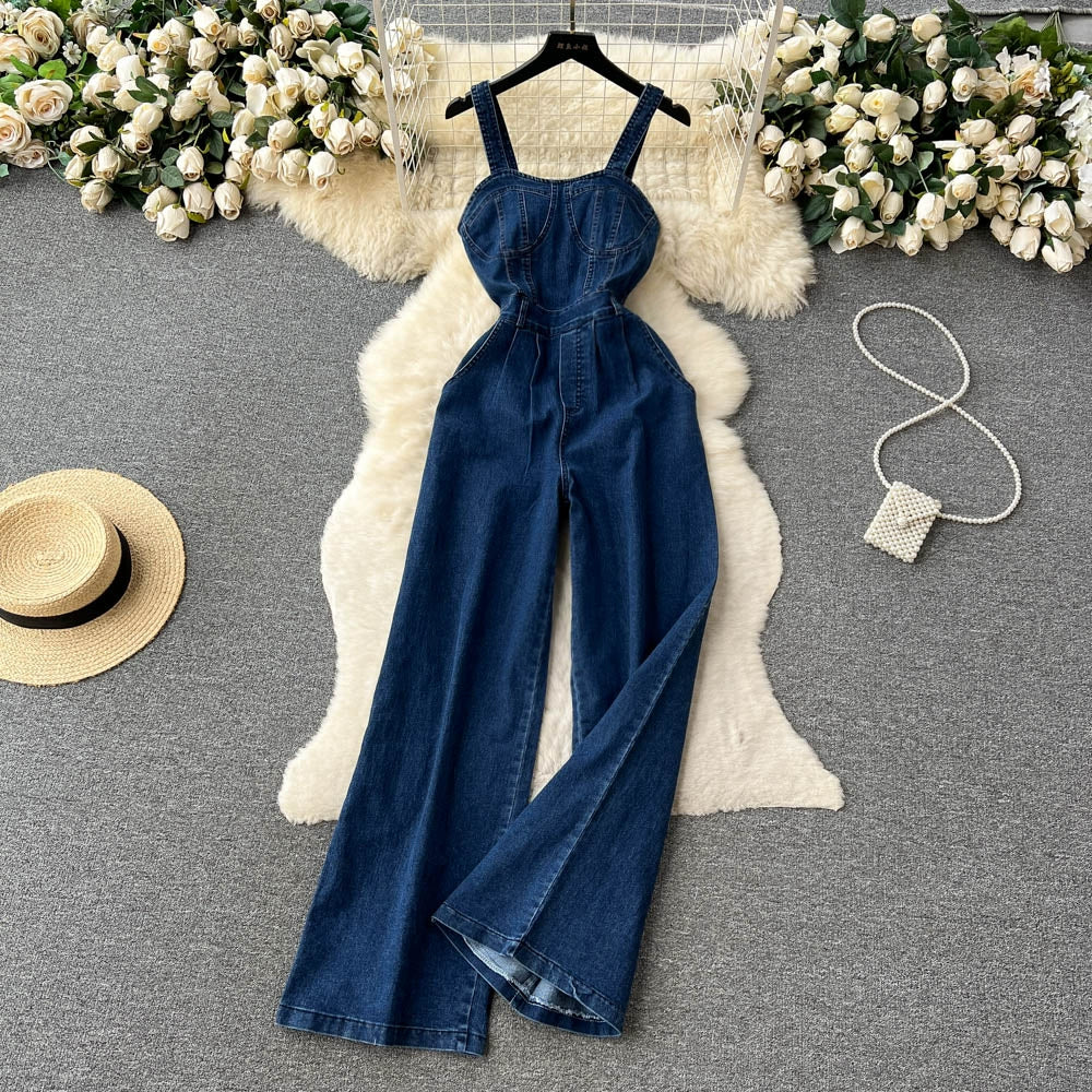 Women's Summer Retro Style Camisoles Denim Jumpsuits Waist Slim Fit Thin Wide-Legged Trousers