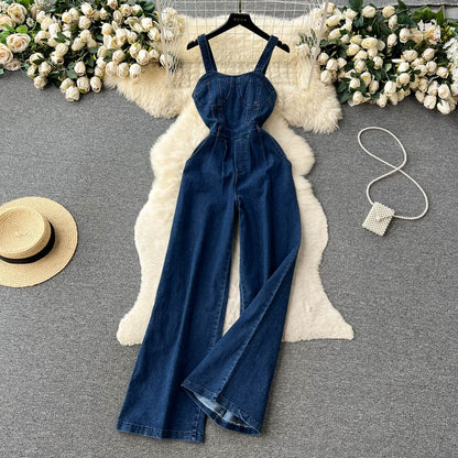 Women's Summer Retro Style Camisoles Denim Jumpsuits Waist Slim Fit Thin Wide-Legged Trousers