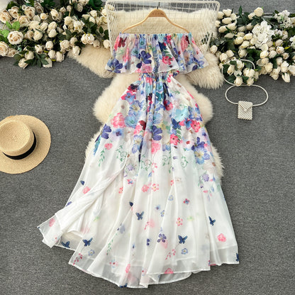 Sophisticated One Shoulder Slim Long Chiffon Fairy Dress with Beautiful Floral Patterns