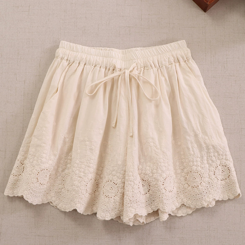 Japanese Style women's embroidered lace shorts with drawstring