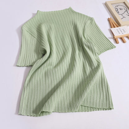 Women's new summer with knitted base layer half-high neck short-sleeved T-shirt