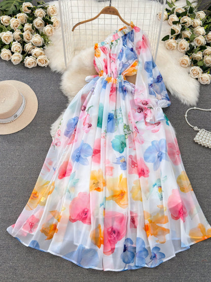 Springtime Elegance Off-Shoulder Dress with Balloon Sleeves and Ruffle Neckline