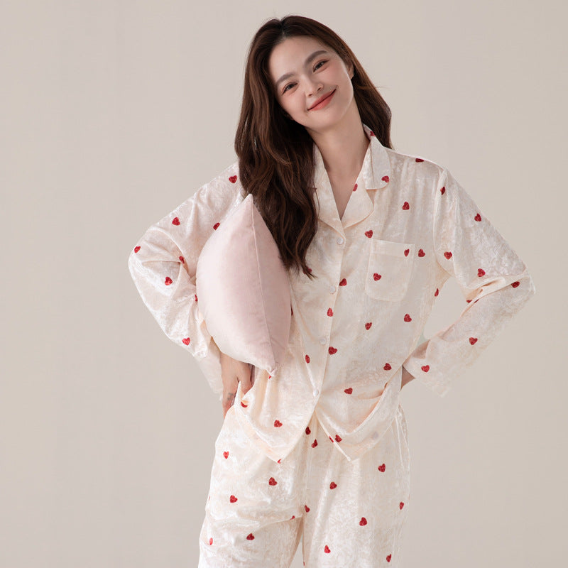 Luxury Elegant Velvety Long Sleeve Diamond Velour Sleepwear Set for Autumn & Winter