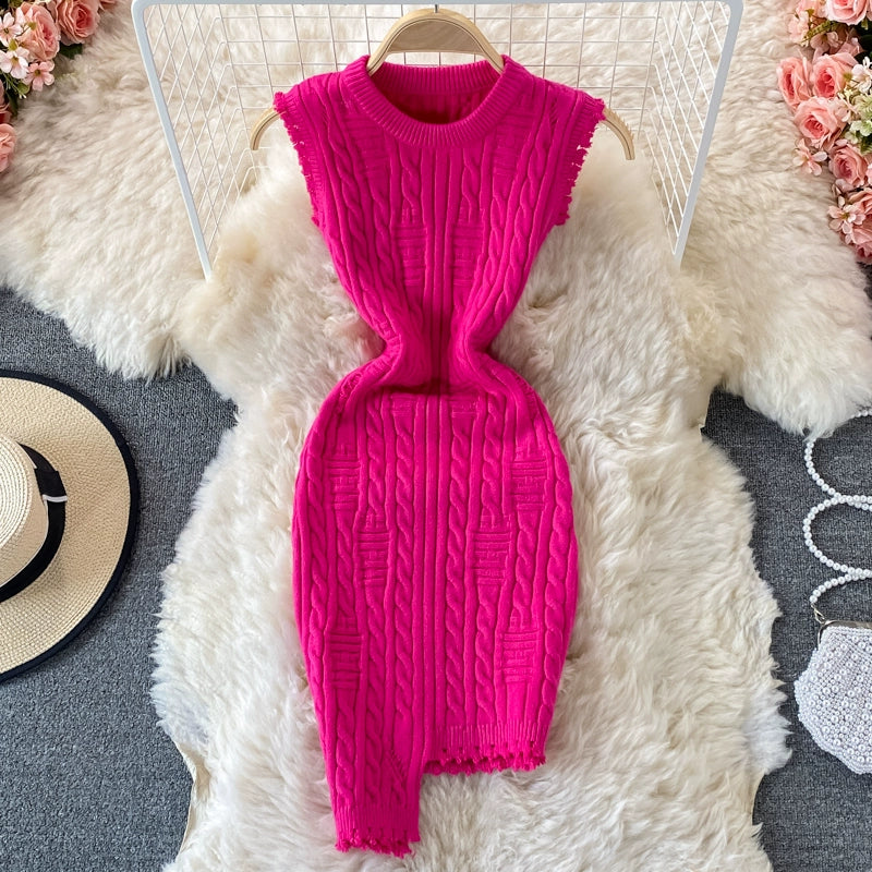 Sophisticated Spring  Sleeveless Knitted Vest Round Neck Dress