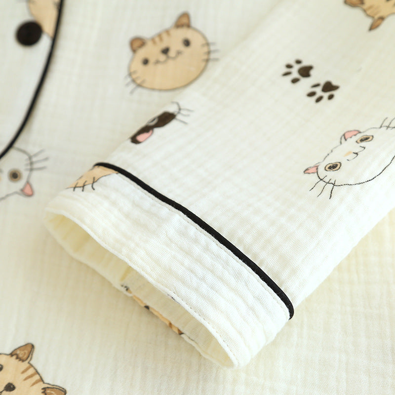 Cotton Yarn Loungewear Pajamas with Cartoon Print And Lapel Collar