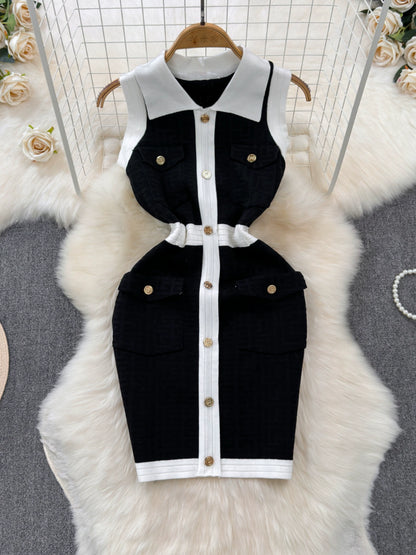 Elegant French-Inspired Knitted Vest Bodycon Dress