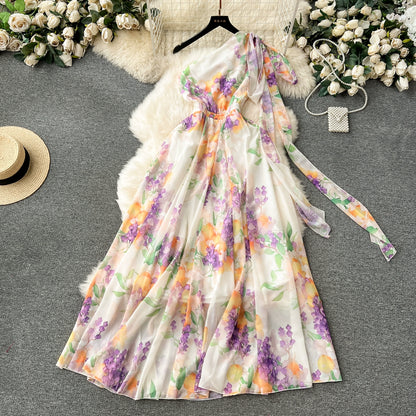 Elegant Floral Resort Dress with Slanted Neckline and Off-the-Shoulder Bow