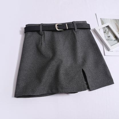 Women's Autumn And Winter Korean Version Casual Slim High-Waisted Hip Slit Skirt With Belted Skirt