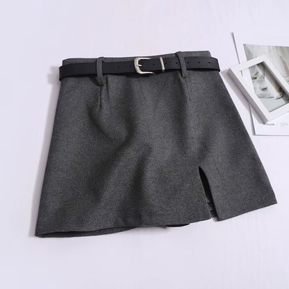 Women's Autumn And Winter Korean Version Casual Slim High-Waisted Hip Slit Skirt With Belted Skirt