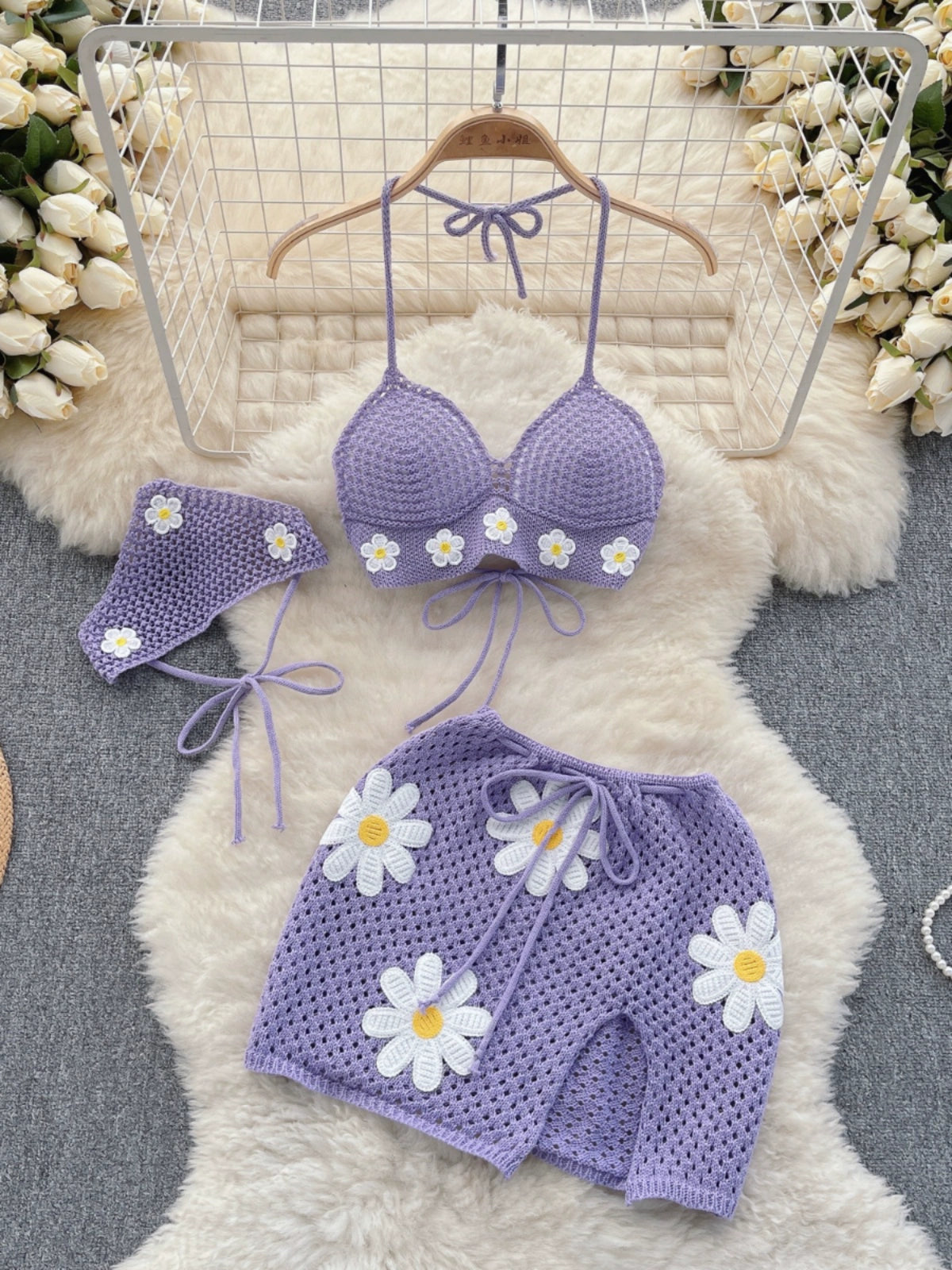 Women's Summer Flowers Design Seaside Resort-Style knitted Strappy Three-Piece Bikini Set